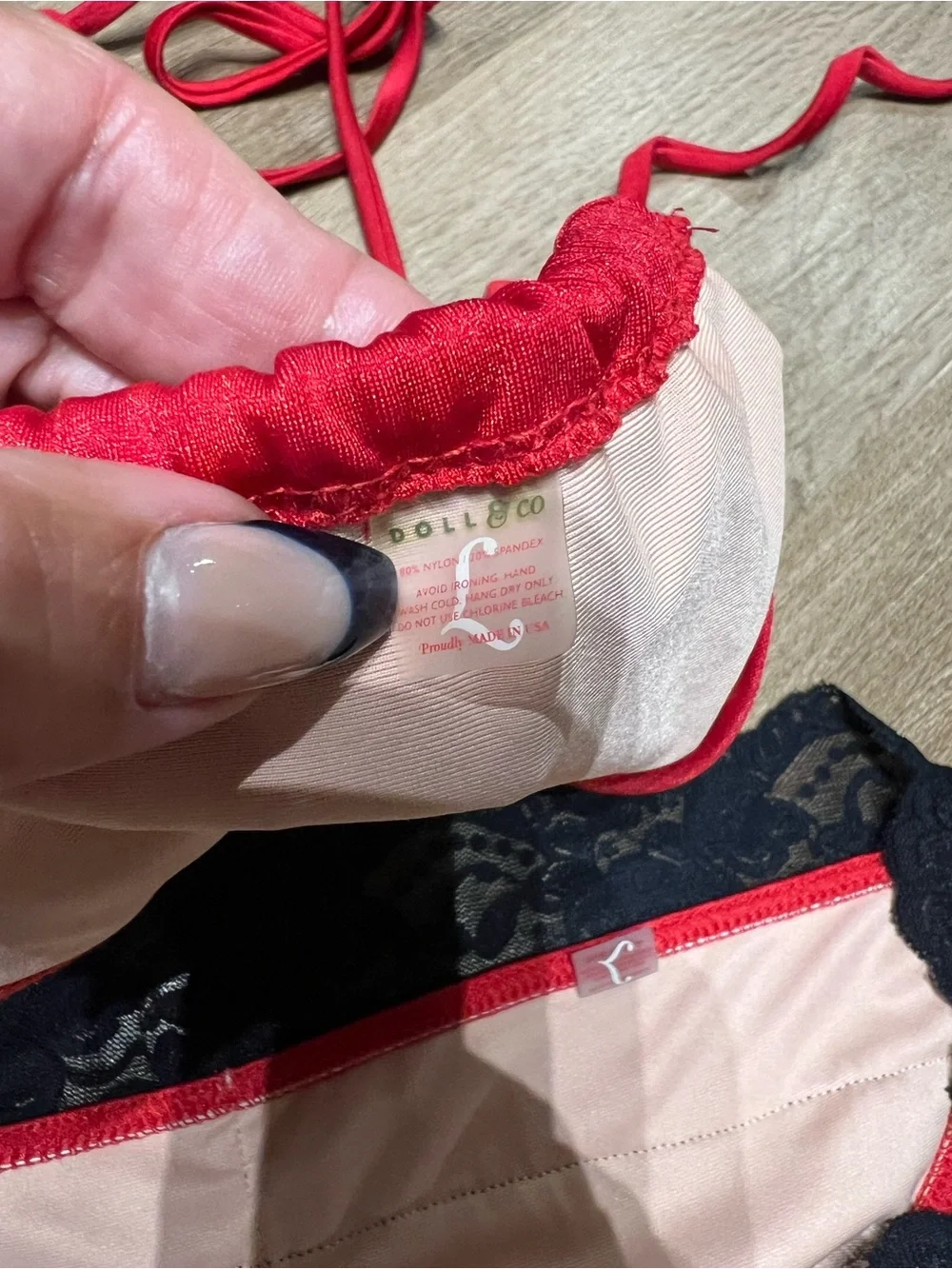 Red & Black Lace trim DOLL SWIMWEAR. Gently used SZ Large